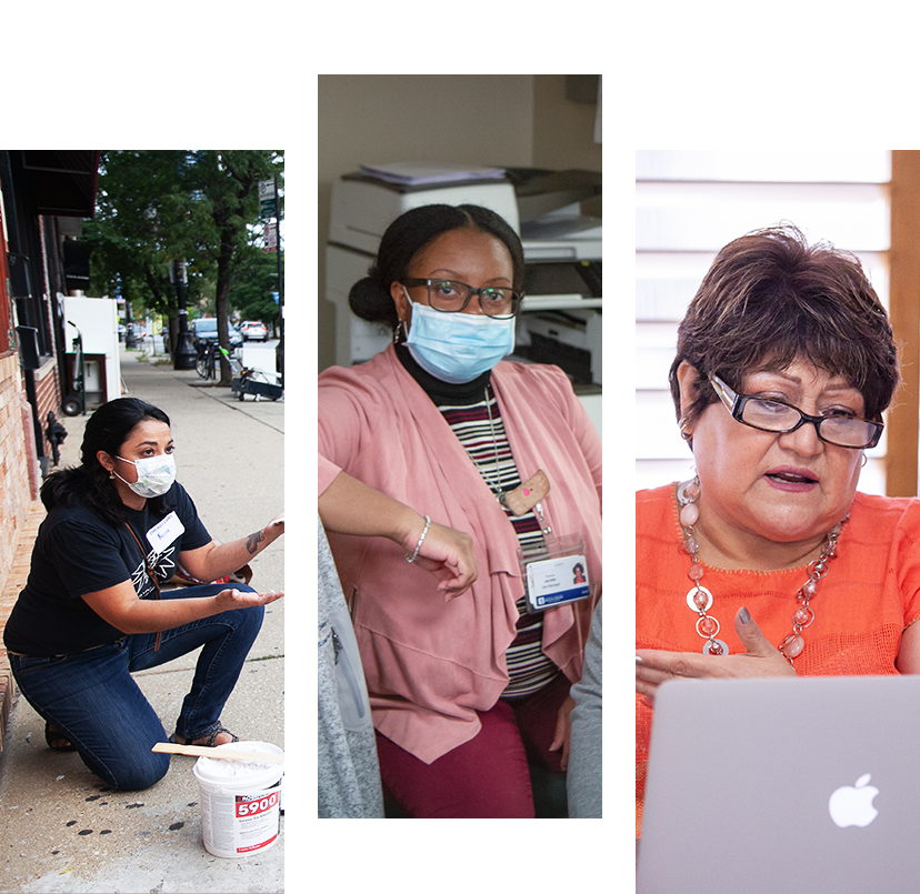 A collage of woman, one woman is a volunteer, another is a medical worker, and the final is a woman sitting behind a computer teaching